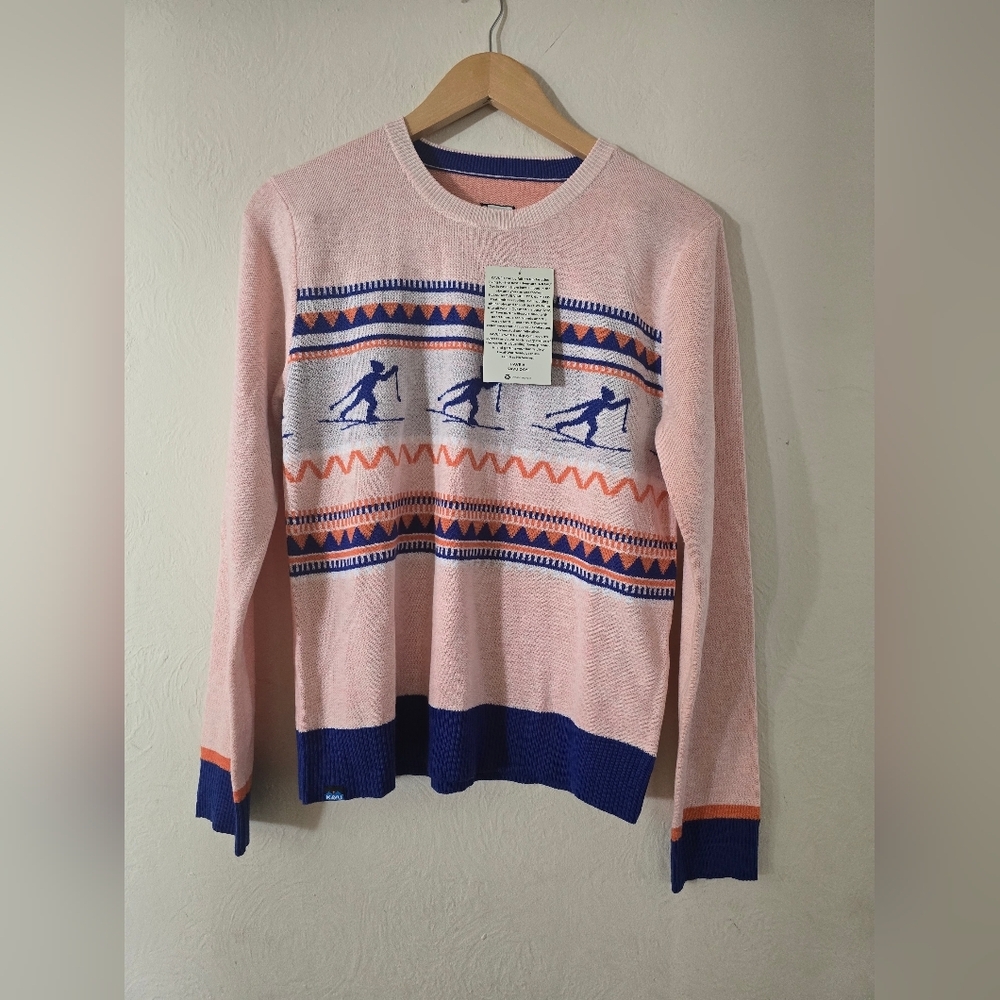 NWT, Kavu, Hillrose Sweater Apres Ski, Peach/Blue, Size Medium, MSRP $85 - Picture 6 of 13